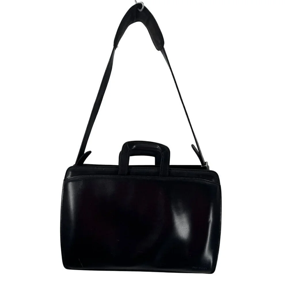 Jack Georges Black Leather Briefcase Executive Business Bag W/Adjustable Straps